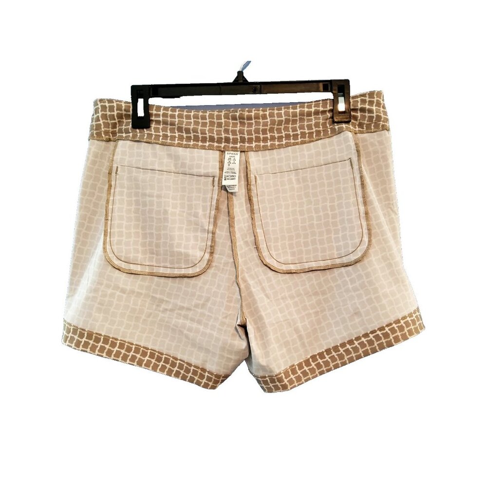 SPANX Tan Check 4" SUNSHINE Pull On 4Way Stretch Pocket SHORTS Womens LARGE NEW - Picture 6 of 8